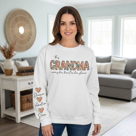 Custom Personalized Grandma Floral Hearts Sweatshirt with Sleeve Names lifestyle photo