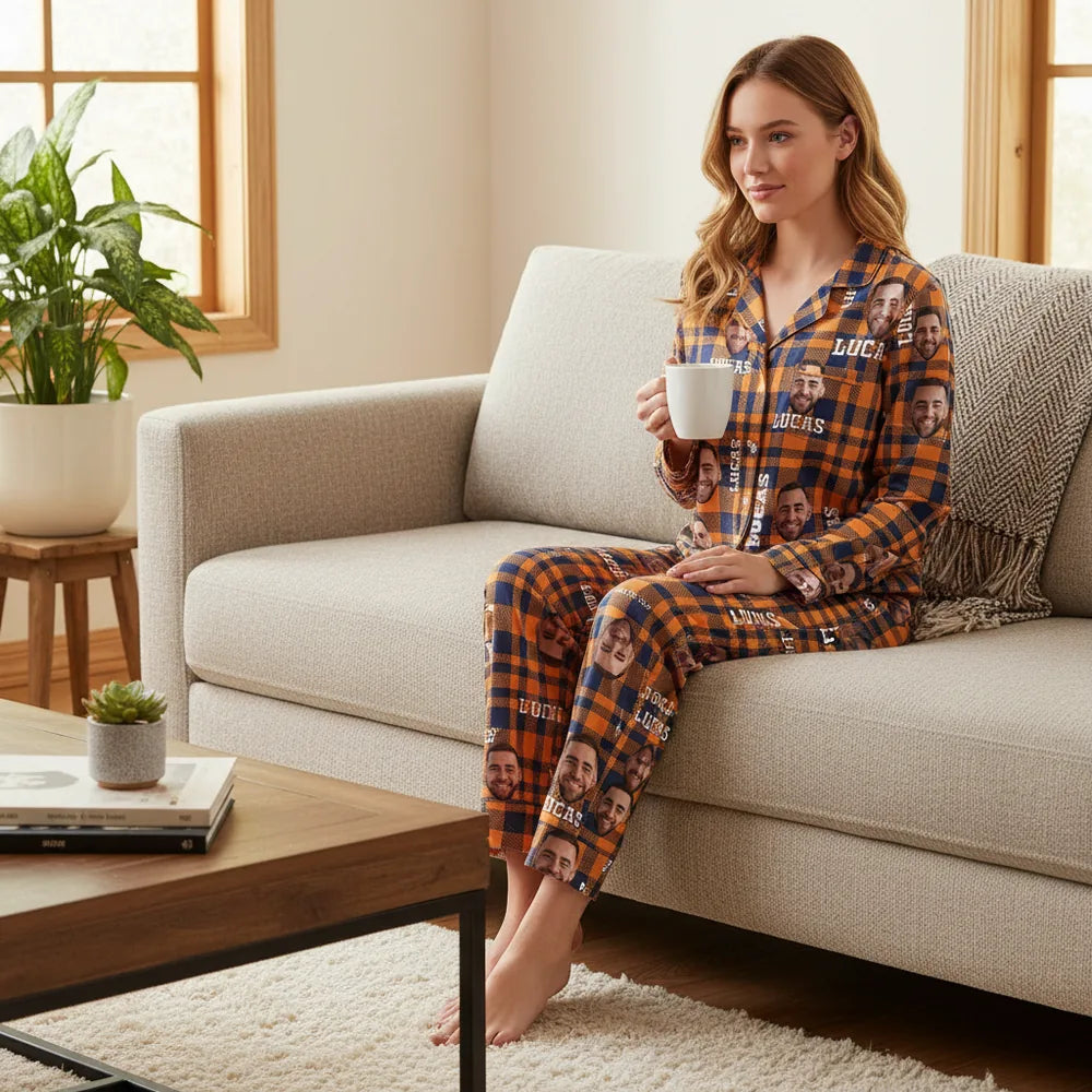 Custom Photo Upload Orange Plaid Pajamas lifestyle photo