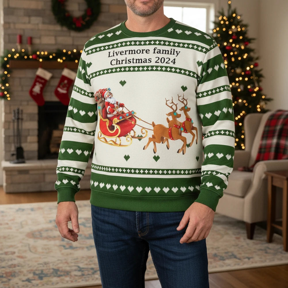 Custom Personalized Sweater with Santa Sleigh & Reindeer lifestyle photo