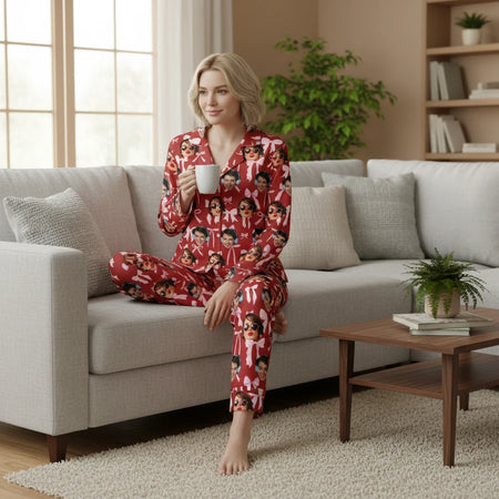 Custom Photo Upload Pajamas with Pink Bows on Red Background lifestyle photo