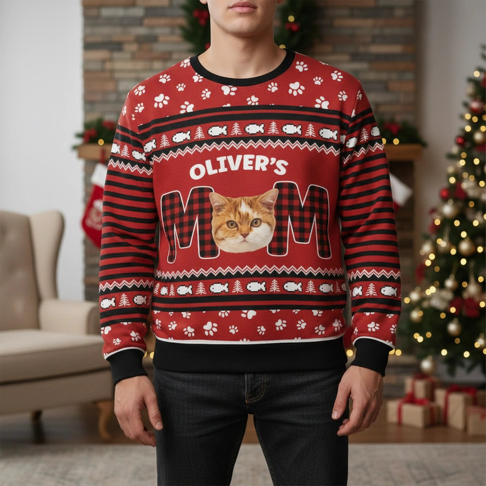 Custom Photo Upload Sweater with Cat Mom and Buffalo Plaid Pattern lifestyle photo