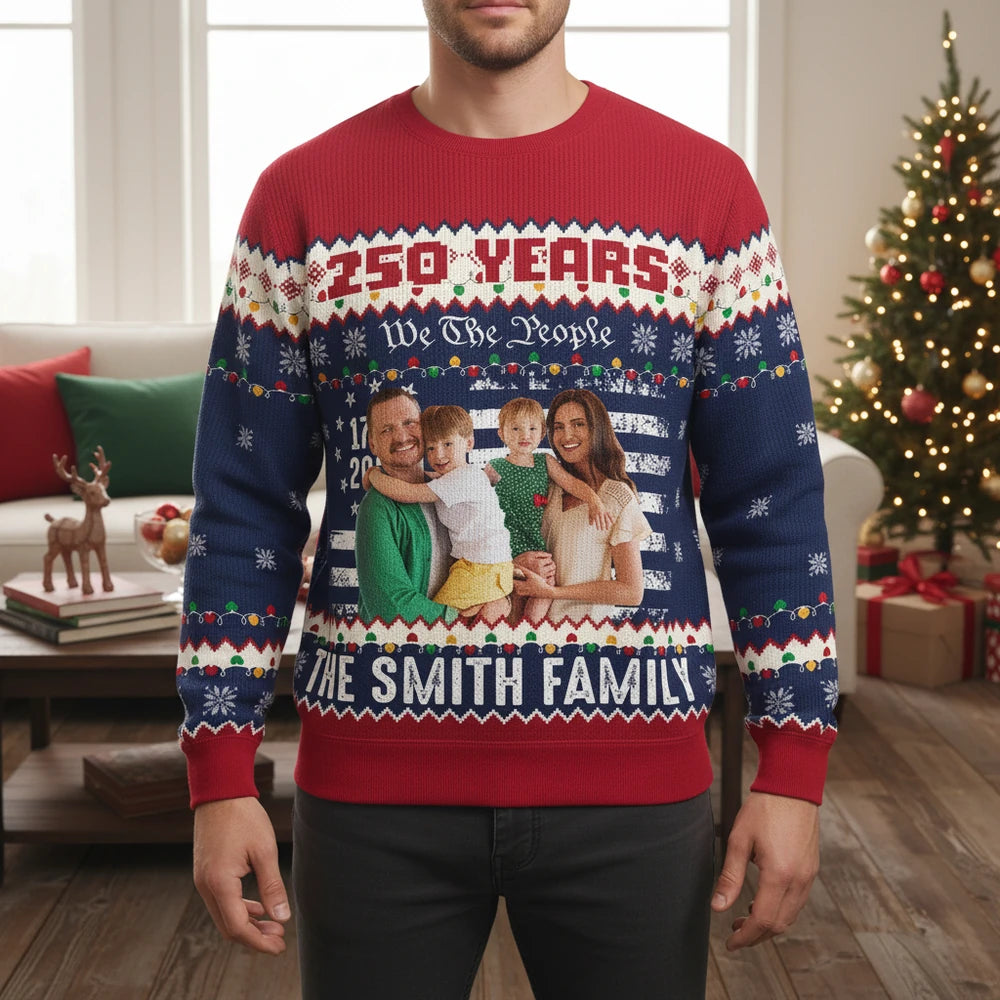 Custom Photo Upload Sweater with 250 Years We The People & American Flag lifestyle photo
