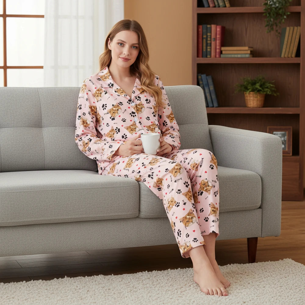 Custom Photo Upload Pajamas with Cat Faces and Paw Prints lifestyle photo