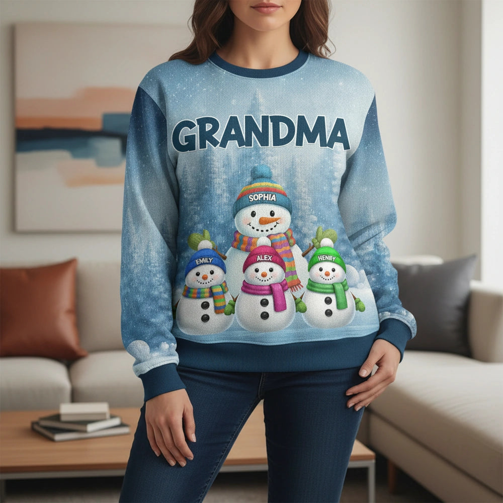 Custom Personalized Grandma Sweater with Snowman Family Design lifestyle photo