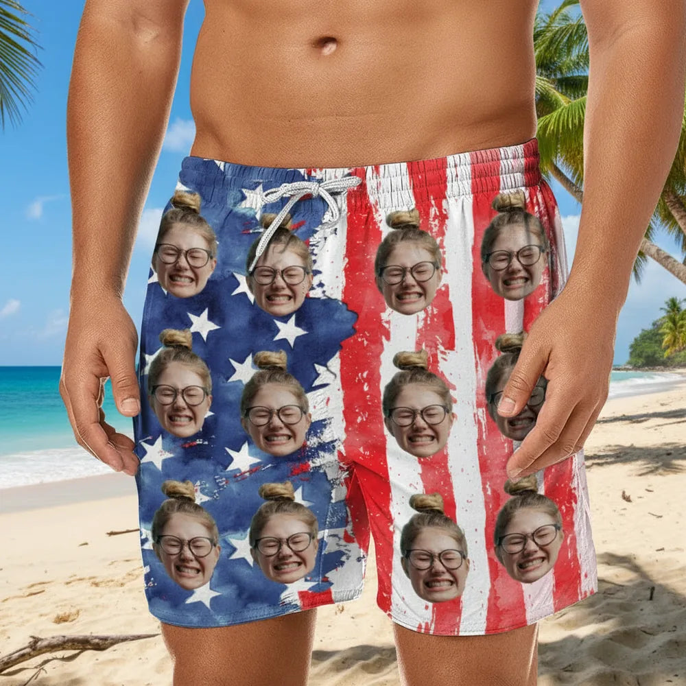 Custom Photo Upload Beach Shorts with American Flag Design lifestyle photo