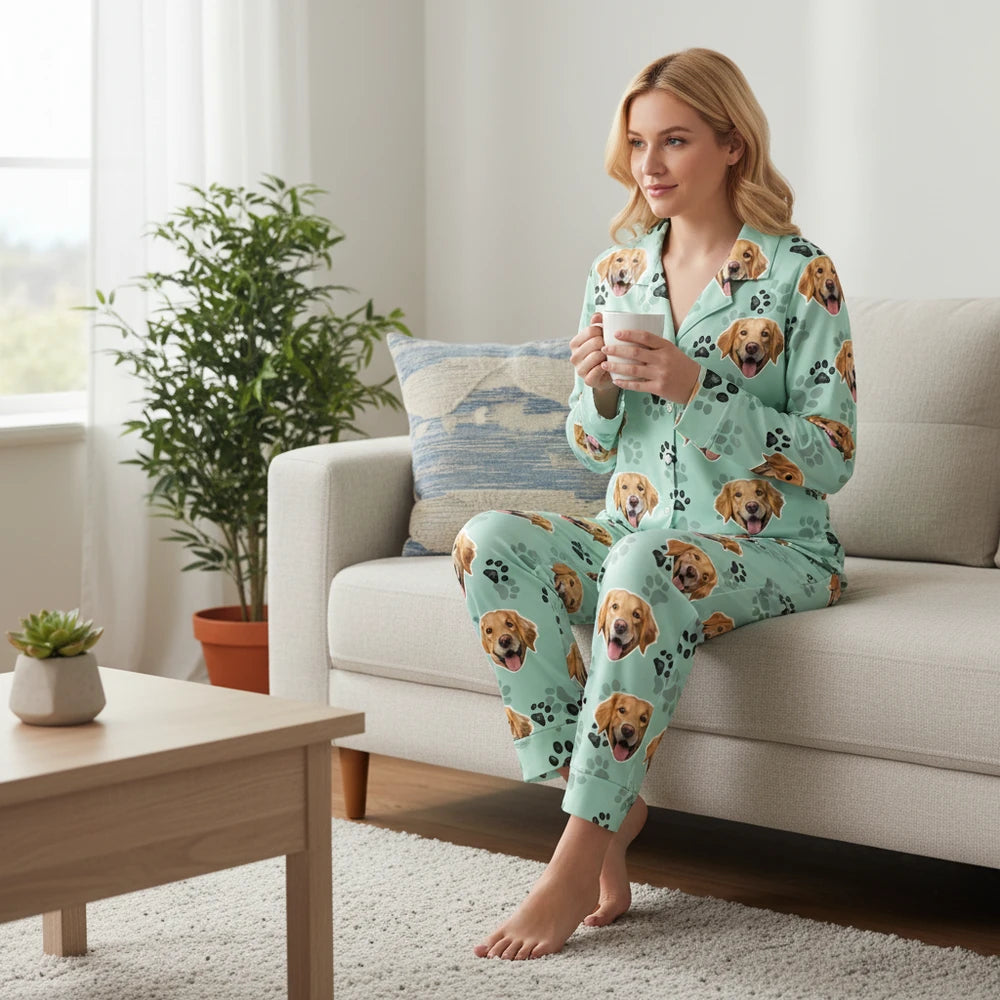 Custom Photo Upload Pajamas with Dog Faces & Paw Prints lifestyle photo