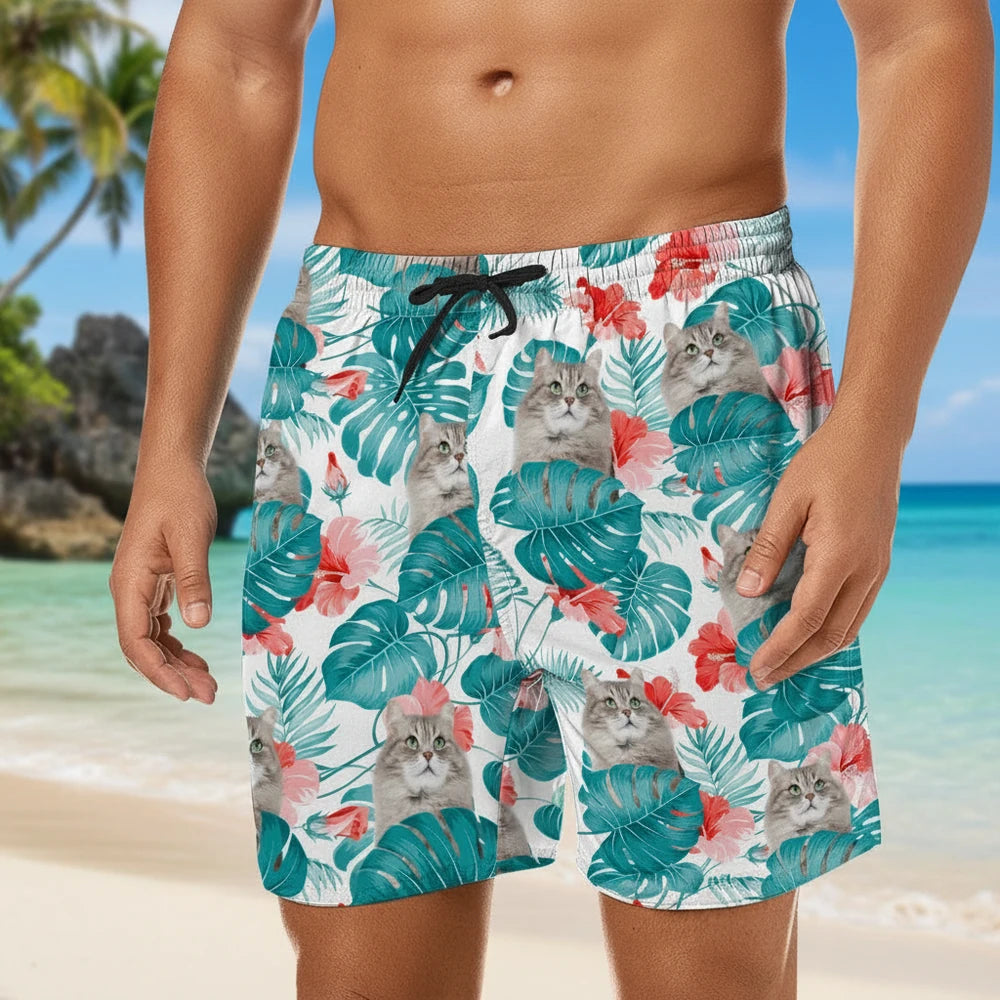 Custom Photo Upload Beach Shorts with Tropical Leaves & Hibiscus lifestyle photo