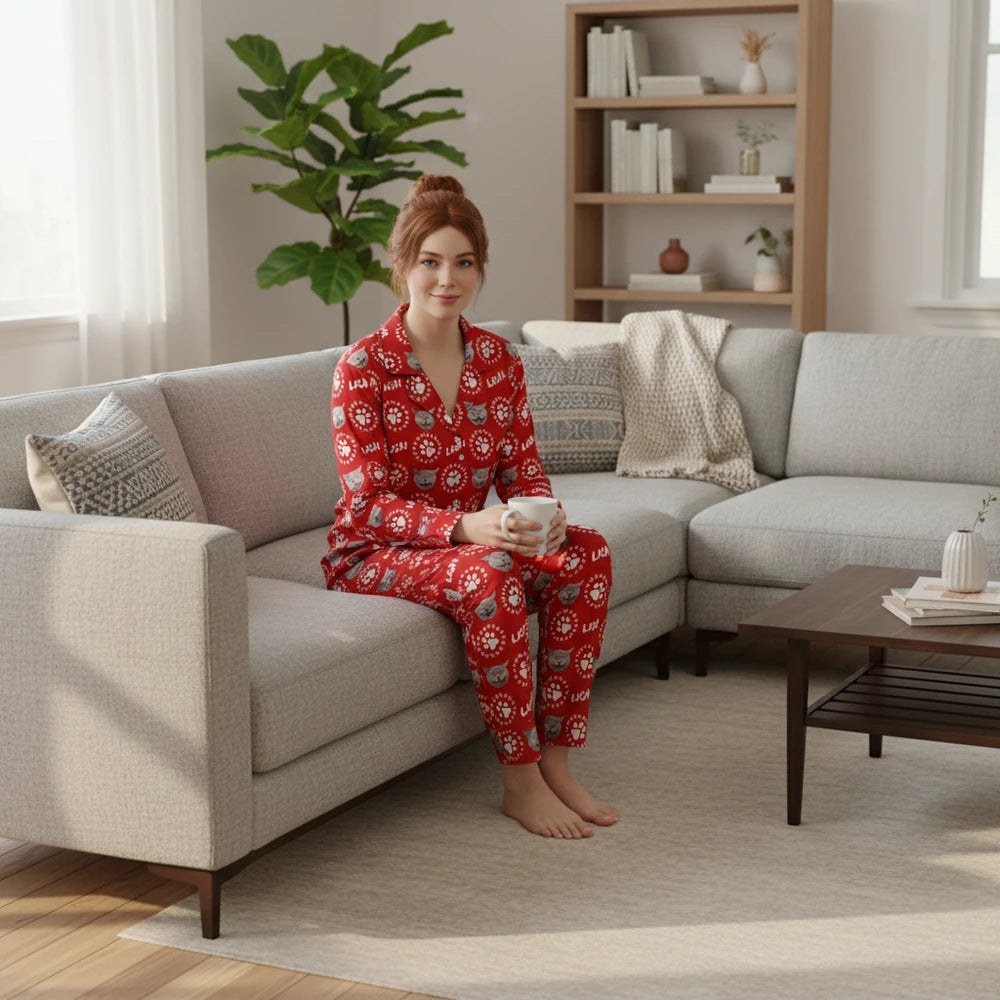 Custom Photo Upload Pajamas with Cat Face & Paw Print Pattern lifestyle photo