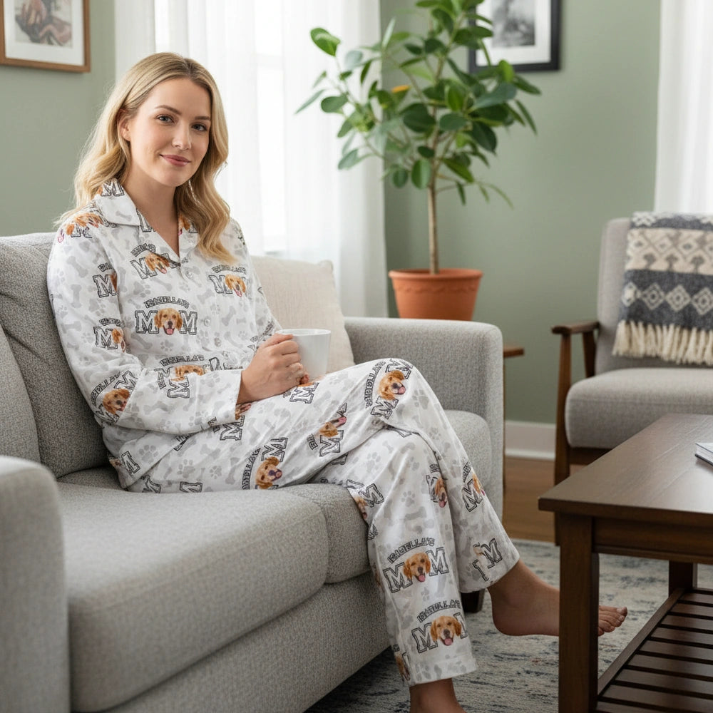 Custom Photo Upload Pajamas with Dog Mom and Paw Print Pattern lifestyle photo