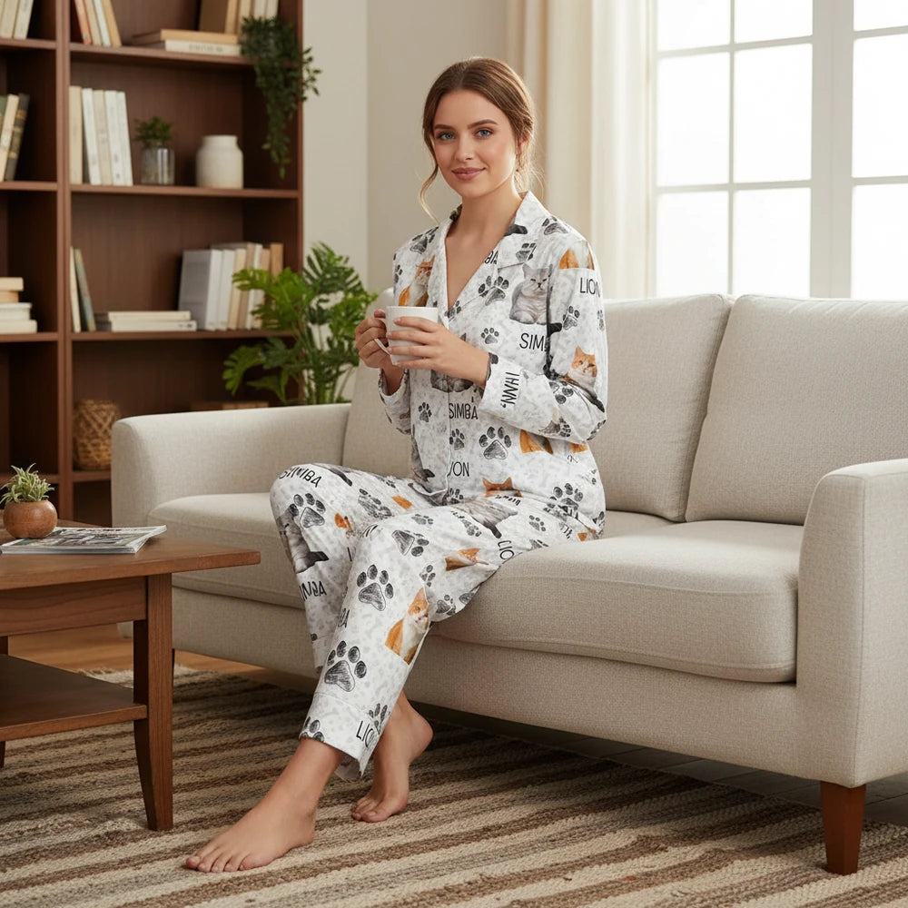 Custom Photo Upload Pajamas with Cat Photos & Paw Prints lifestyle photo