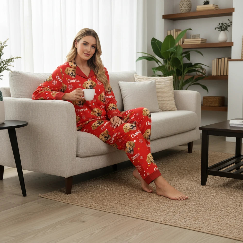 Custom Photo Upload Pajamas with Dog Face & Snowflakes lifestyle photo