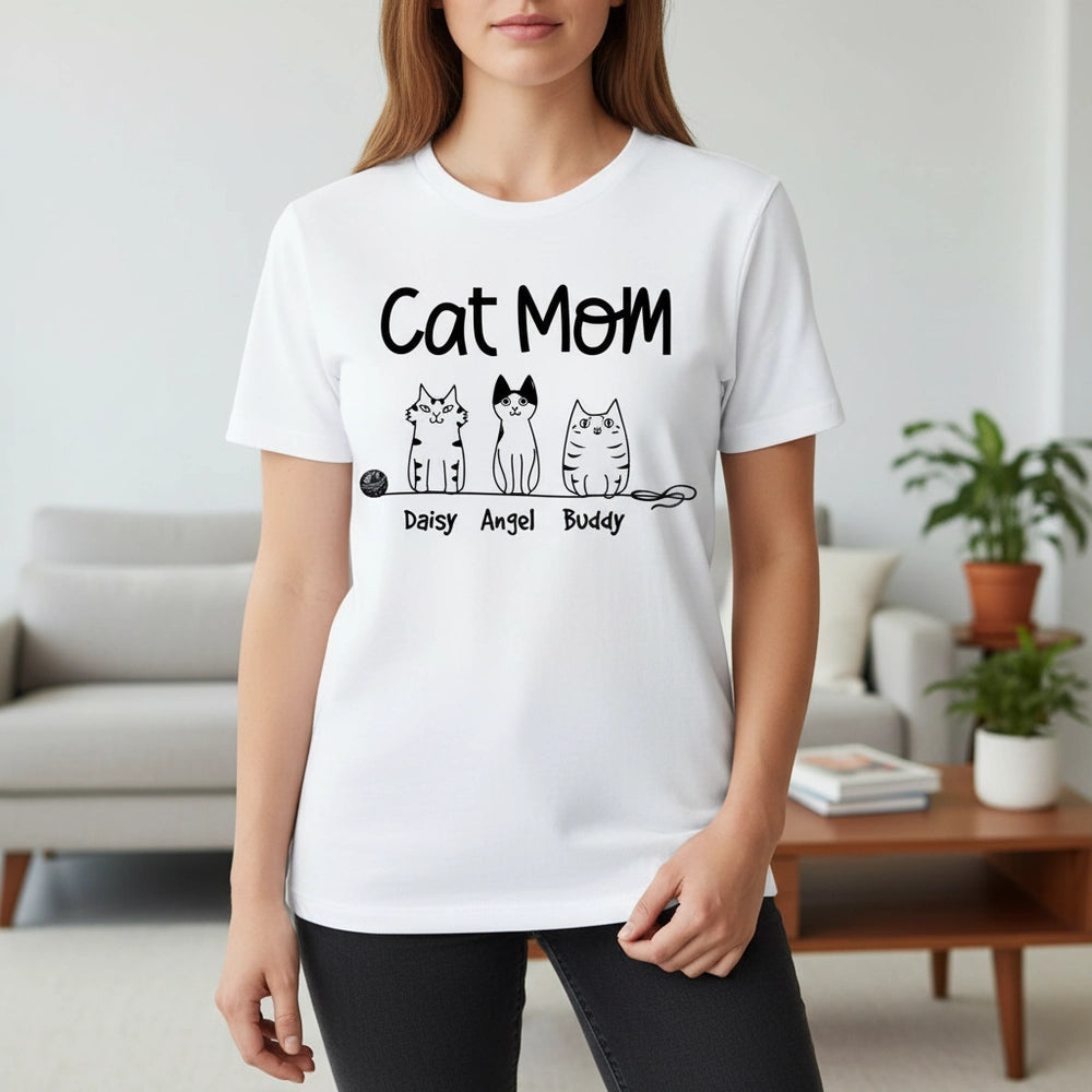 Custom Personalized Cat Mom T-Shirt with Three Cats lifestyle photo