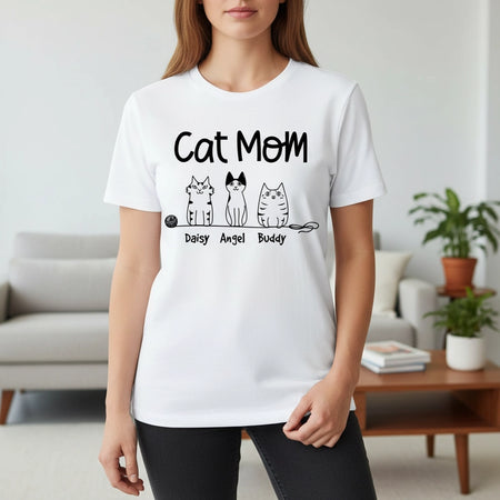 Custom Personalized Cat Mom T-Shirt with Three Cats lifestyle photo