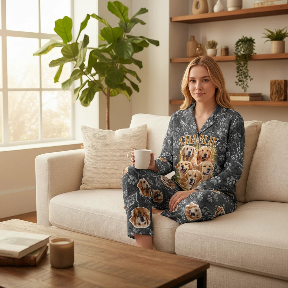 Custom Photo Upload Pajamas with Lightning & Paw Print Design lifestyle photo