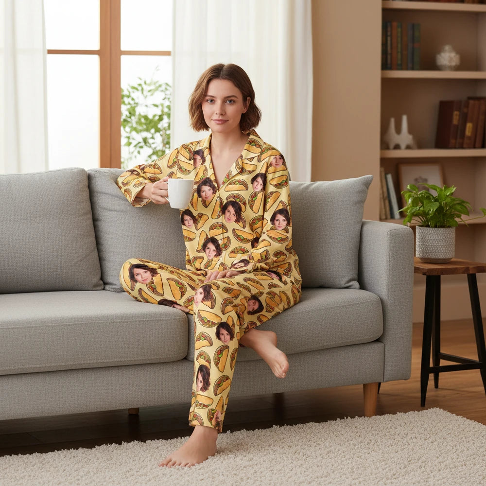 Custom Photo Upload Pajamas with Tacos on Yellow Background lifestyle photo
