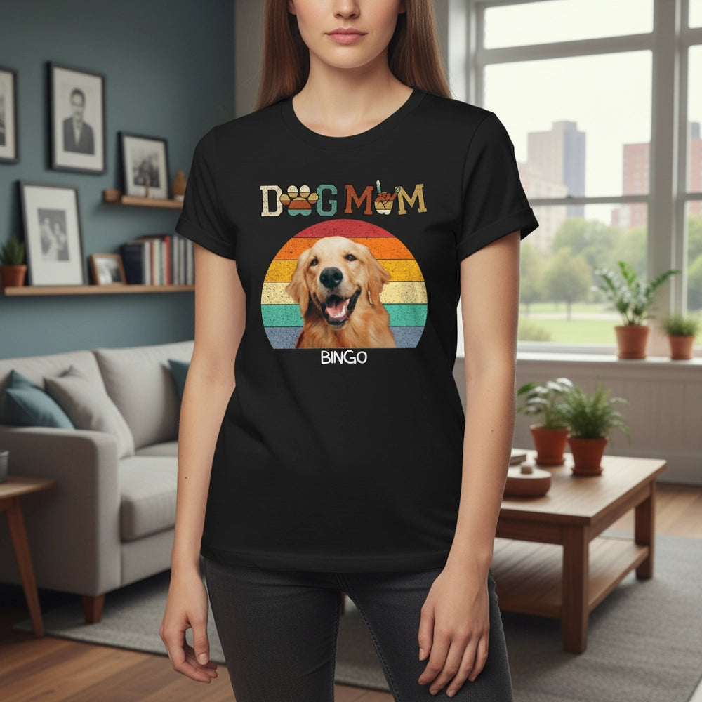Custom Photo Upload T-Shirt with Dog Mom Retro Sunset Design lifestyle photo