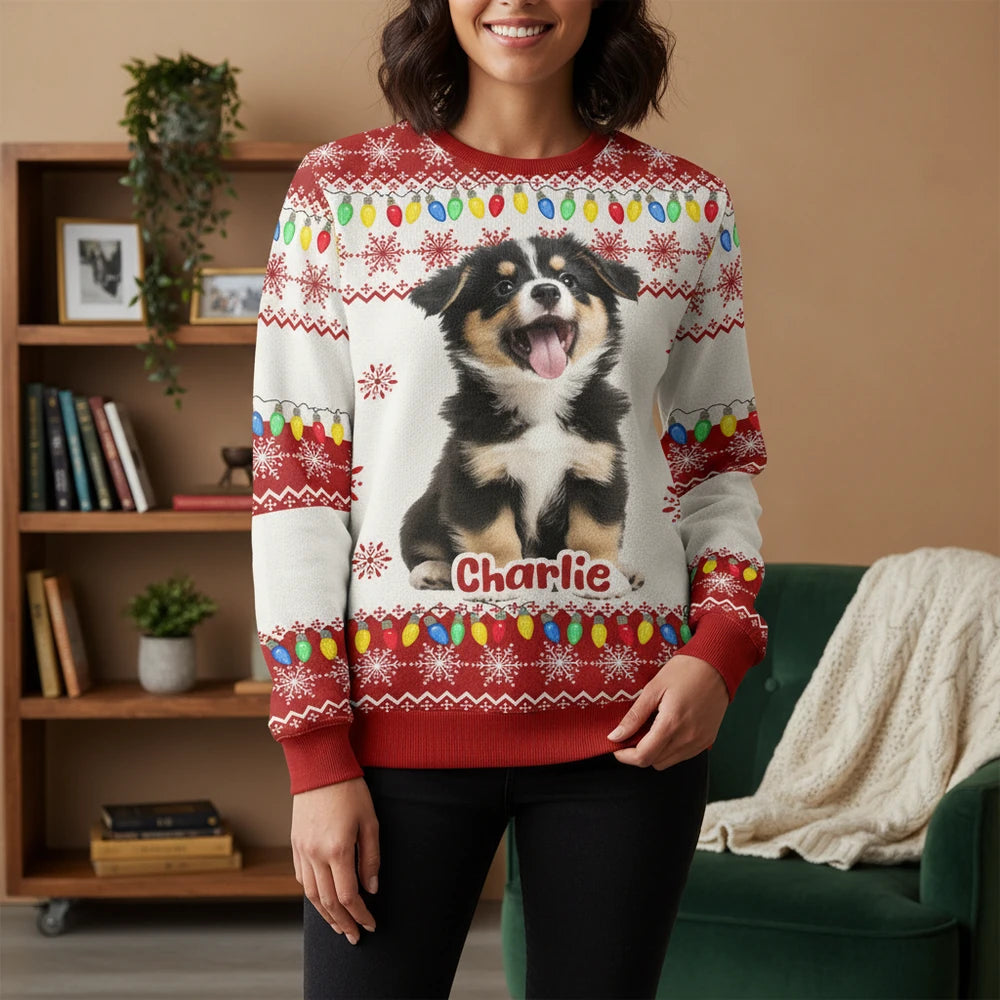 Custom Photo Upload Christmas Sweater with Snowflakes & Lights lifestyle photo