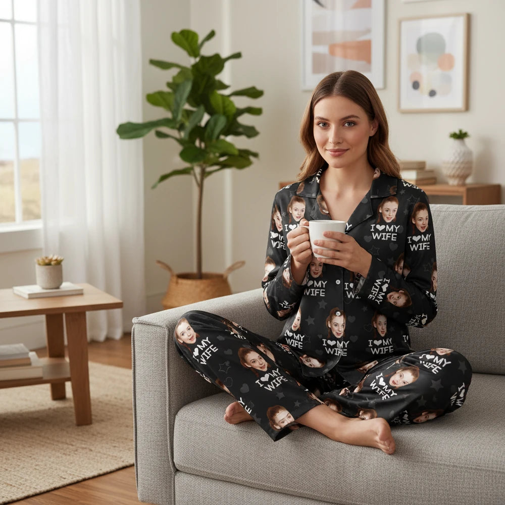 Custom Photo Upload I Love My Wife Pajamas with Hearts and Stars lifestyle photo
