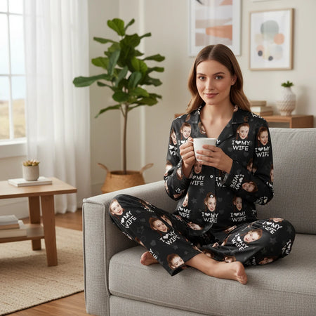 Custom Photo Upload I Love My Wife Pajamas with Hearts and Stars lifestyle photo