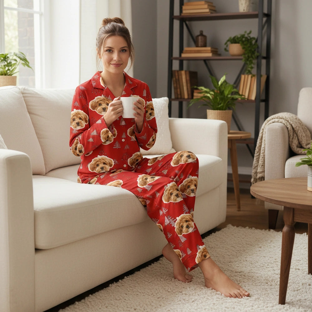 Custom Photo Upload Pajamas with Christmas Trees & Dog Face Print lifestyle photo
