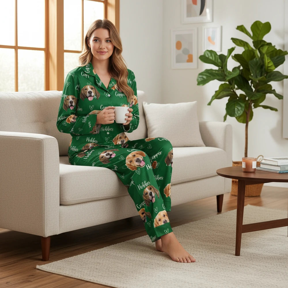 Custom Photo Upload Dog Face Pajamas with Hearts on Green lifestyle photo