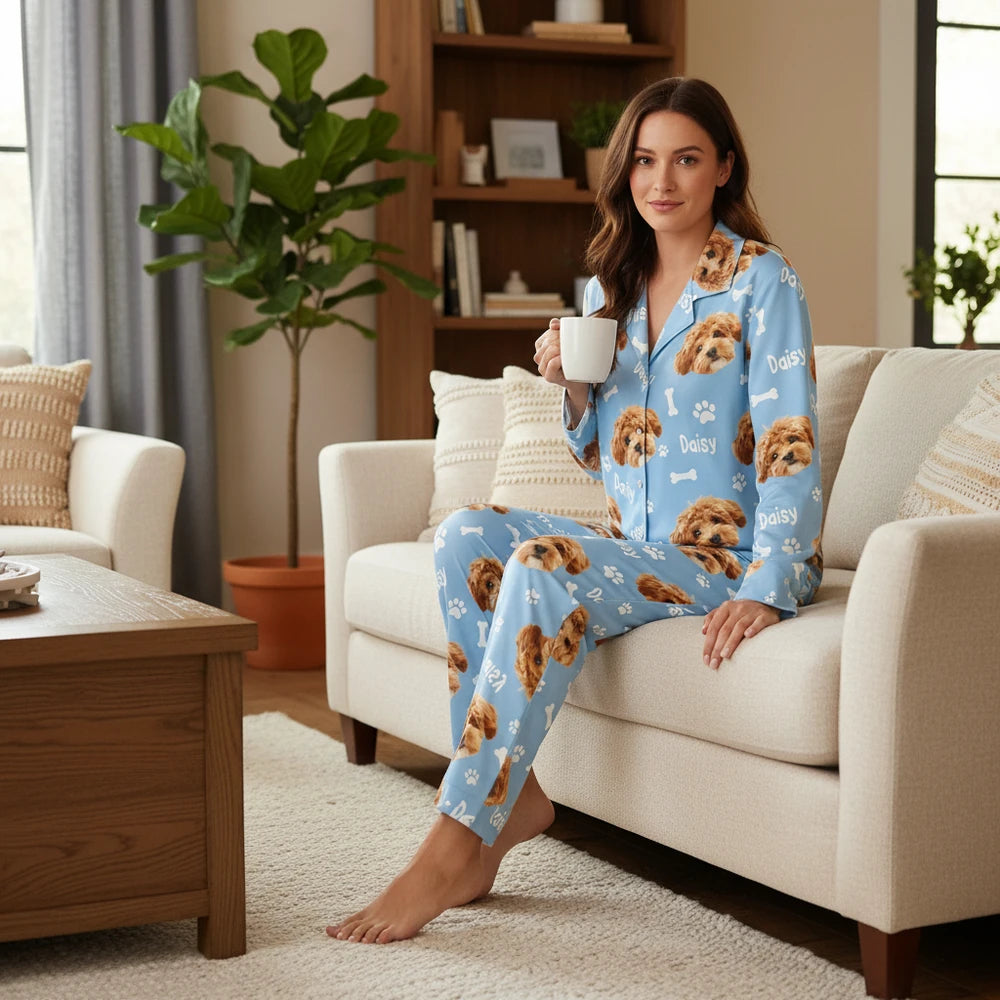 Custom Photo Upload Dog Pajamas with Paw Prints & Bones lifestyle photo