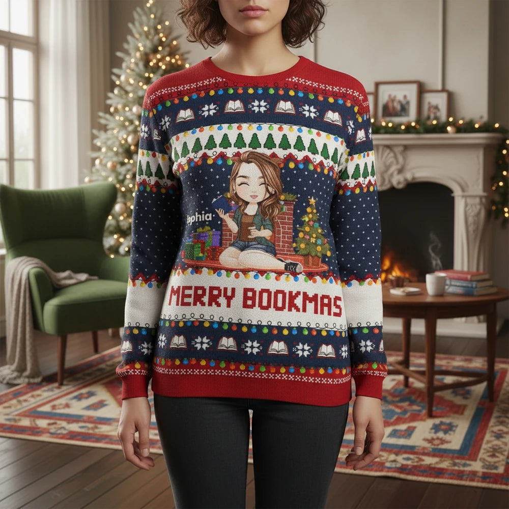 Custom Personalized Sweater with MERRY BOOKMAS and Christmas Lights lifestyle photo