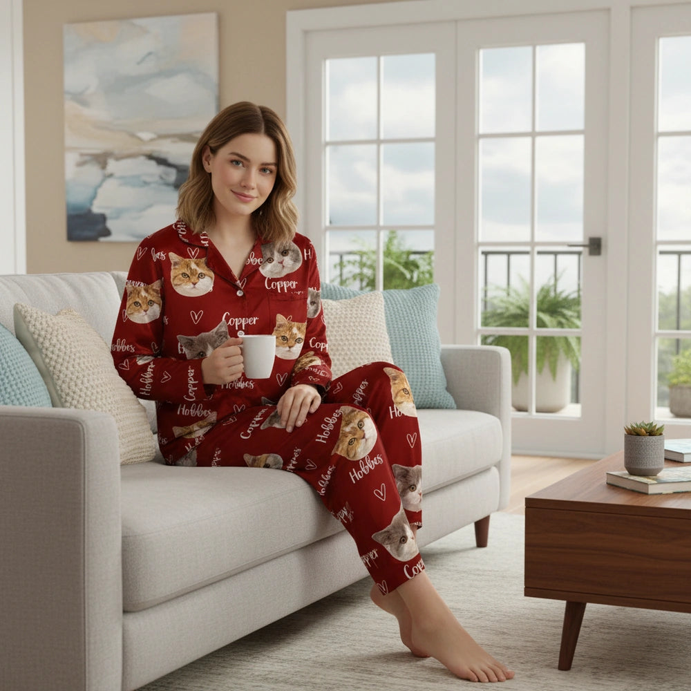 Custom Photo Upload Pajamas with Cat Faces and Hearts lifestyle photo