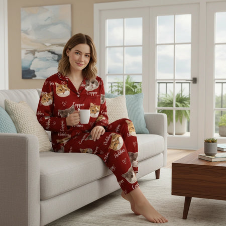 Custom Photo Upload Pajamas with Cat Faces and Hearts lifestyle photo