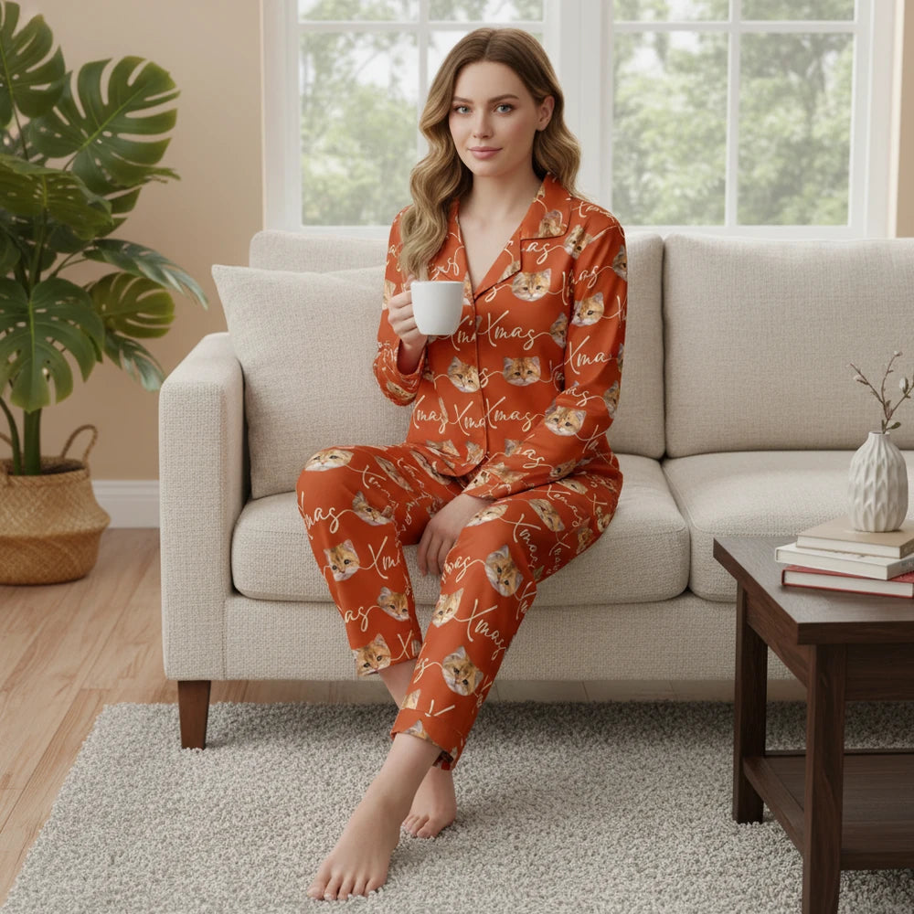 Custom Photo Upload Pajamas with Cat Faces and Xmas Text lifestyle photo