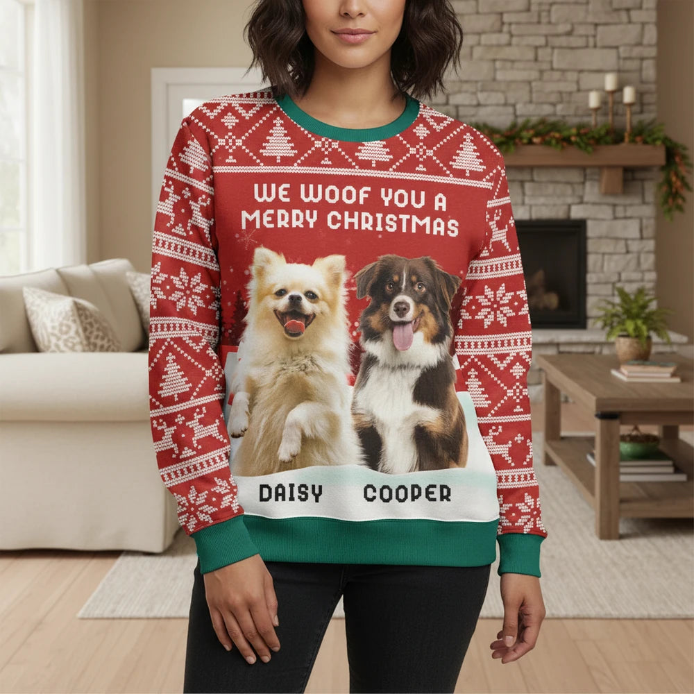 Custom Photo Upload Sweater We Woof You A Merry Christmas lifestyle photo