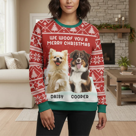 Custom Photo Upload Sweater We Woof You A Merry Christmas lifestyle photo