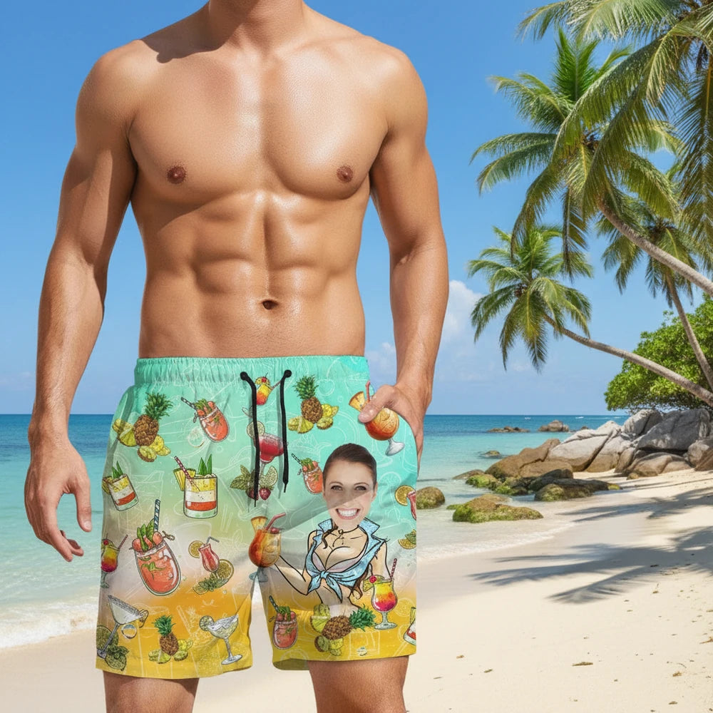 Custom Photo Upload Beach Shorts with Tropical Cocktails & Pineapples lifestyle photo