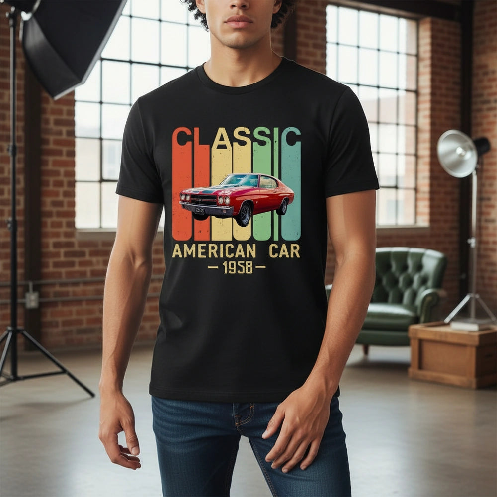 Custom Photo T-Shirt with Classic American Car 1958 Retro Stripes lifestyle photo