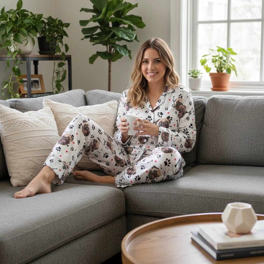 Custom Photo Upload Pajamas with Dog Face Paw Prints & Bones lifestyle photo