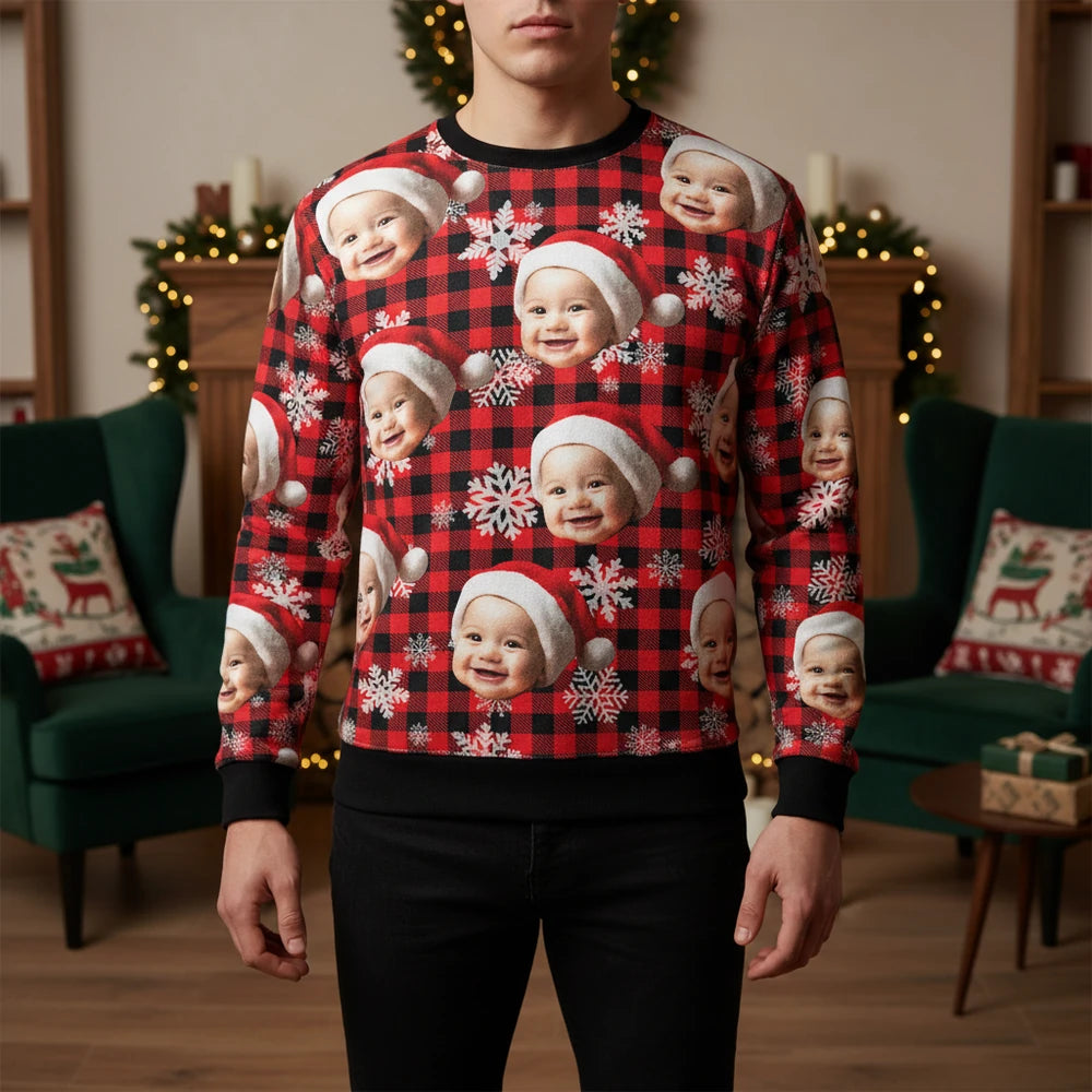 Custom Photo Upload Sweater with Buffalo Plaid and Snowflakes lifestyle photo