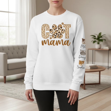 Custom Photo Upload Cat Mama Sweatshirt with Leopard Print Paw lifestyle photo