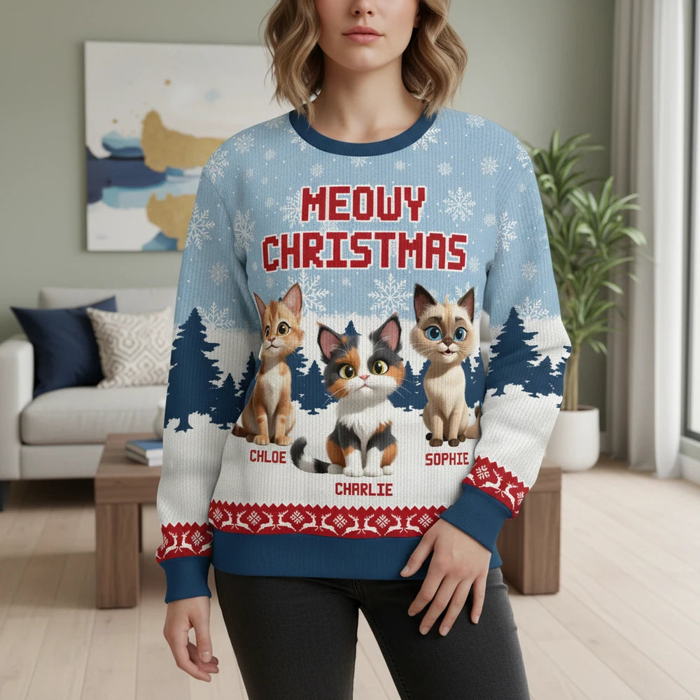 Custom Personalized Meowy Christmas Sweater with Cats & Snowflakes lifestyle photo