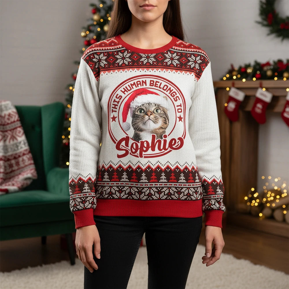 Custom Photo Upload This Human Belongs To Sweater with Fair Isle Pattern lifestyle photo