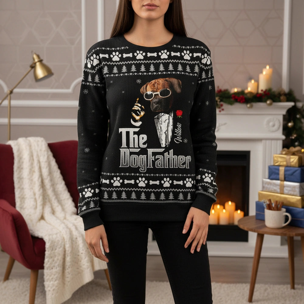 Custom Photo Upload The Dogfather Sweater with Paw Prints lifestyle photo