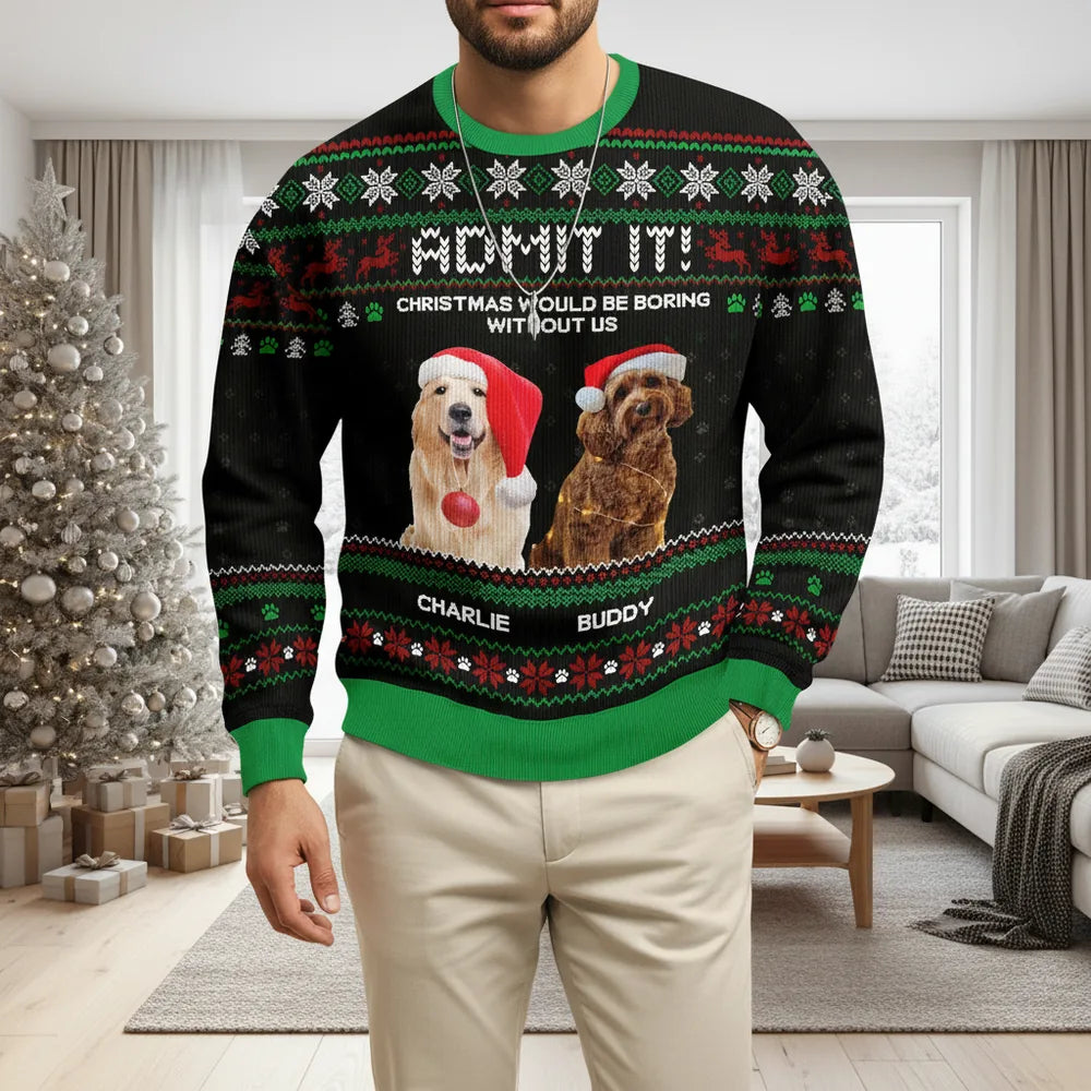 Custom Photo Upload Sweater with Dogs in Santa Hats Ugly Christmas lifestyle photo