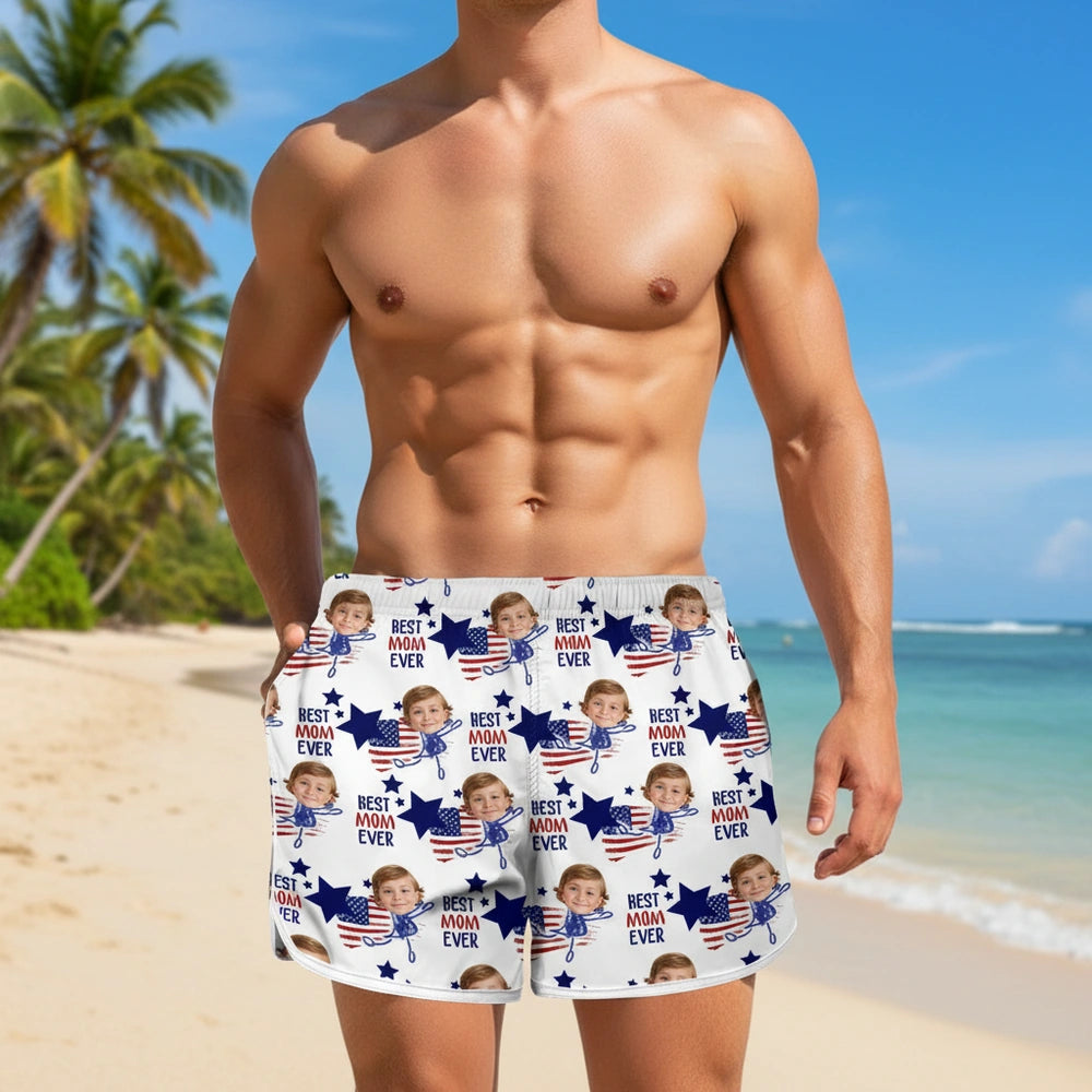 Custom Photo Upload Beach Shorts with American Flag Hearts & Stars lifestyle photo