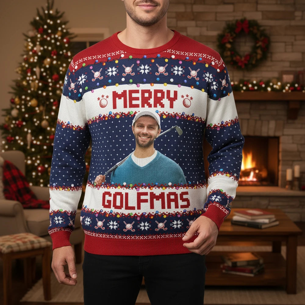 Custom Photo Upload Merry Golfmas Golf Christmas Sweater lifestyle photo