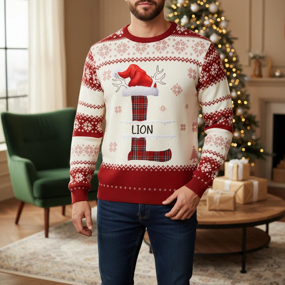 Custom Personalized Christmas Sweater with Santa Hat & Plaid Boots lifestyle photo