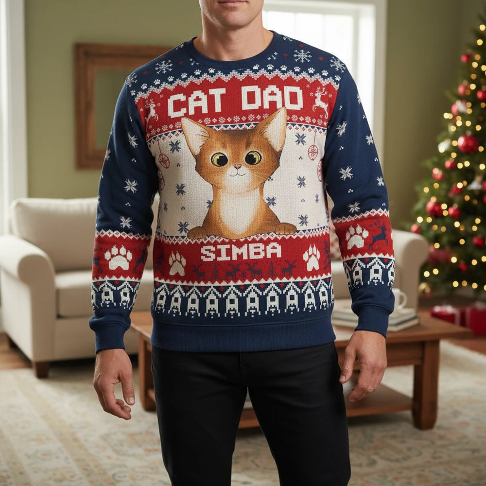 Custom Personalized Cat Dad Ugly Christmas Sweater with Photo Upload lifestyle photo