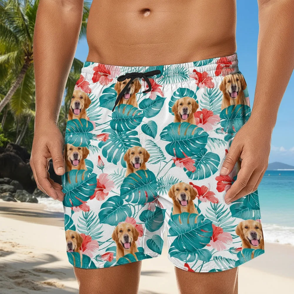 Custom Photo Upload Beach Shorts with Tropical Leaves & Hibiscus lifestyle photo