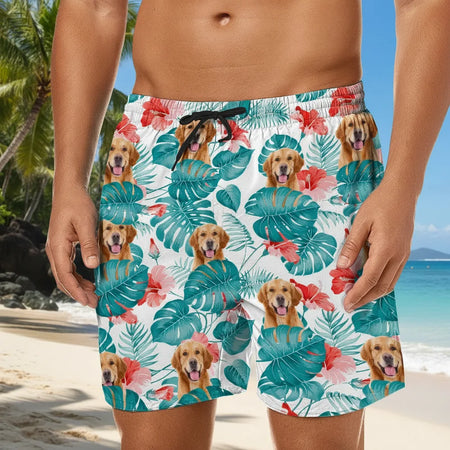 Custom Photo Upload Beach Shorts with Tropical Leaves & Hibiscus lifestyle photo