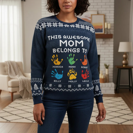 Custom Personalized Sweater with Colorful Handprints & Snowflakes lifestyle photo
