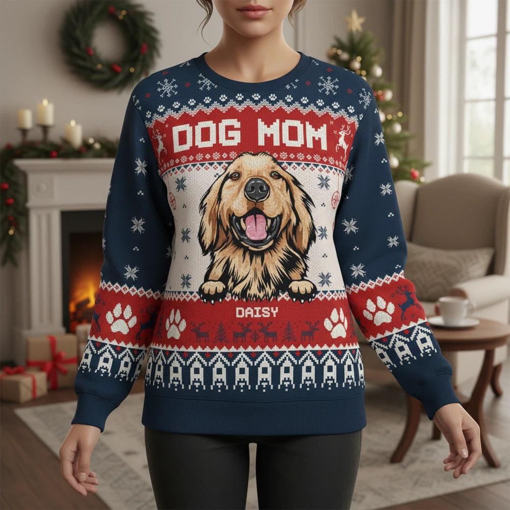 Custom Personalized Dog Mom Ugly Christmas Sweater with Golden Retriever lifestyle photo