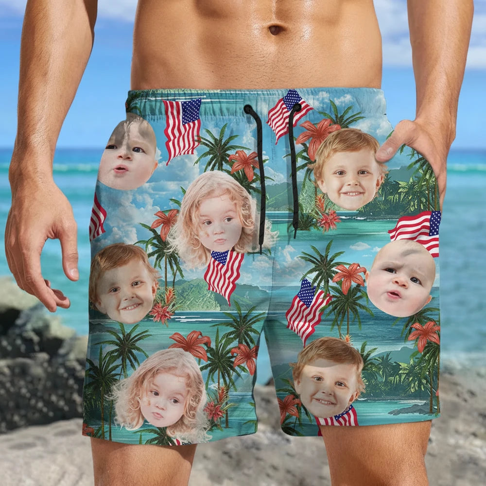Custom Photo Upload Beach Shorts with Palm Trees & American Flags lifestyle photo